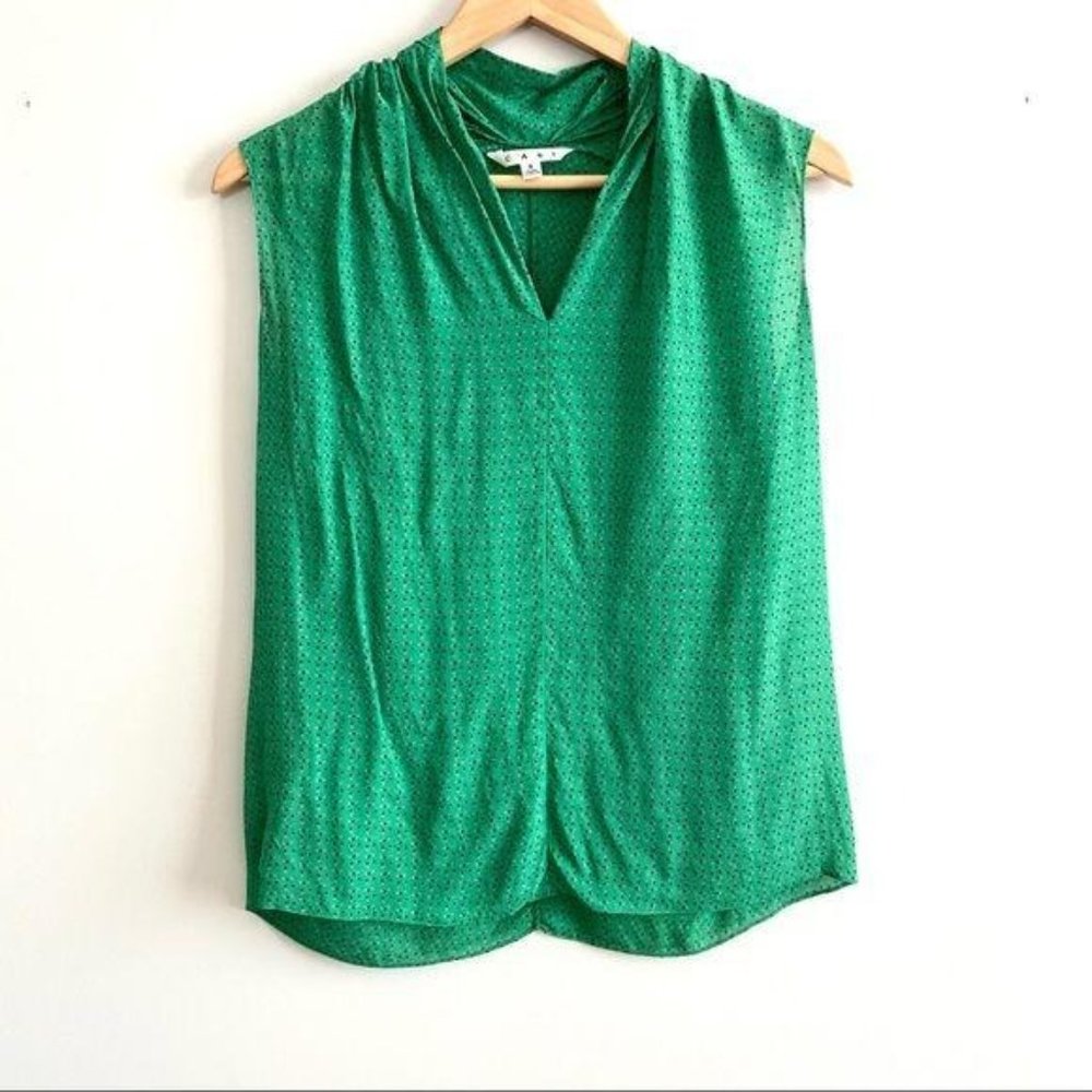 CAbi Green Polka Dot Ruched V Neck Sleeveless Top - Picture 2 of 8
